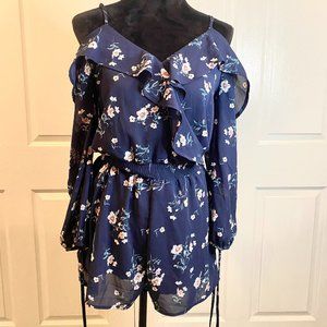 Altar'd State Long Sleeve Cutout Navy Floral Shorts Romper